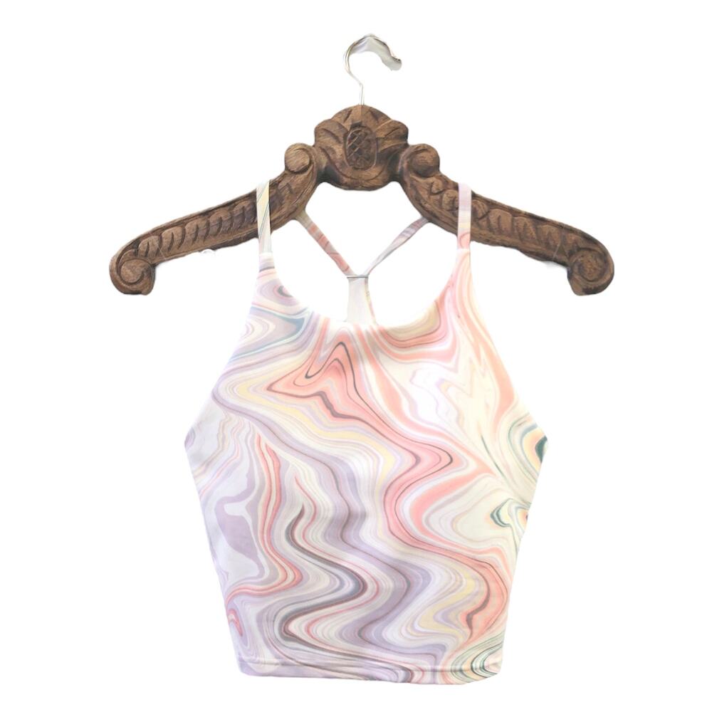 Old Navy Crop Top Long Line Sports Bra Y Racerback Pastel Marble Pattern M NWT